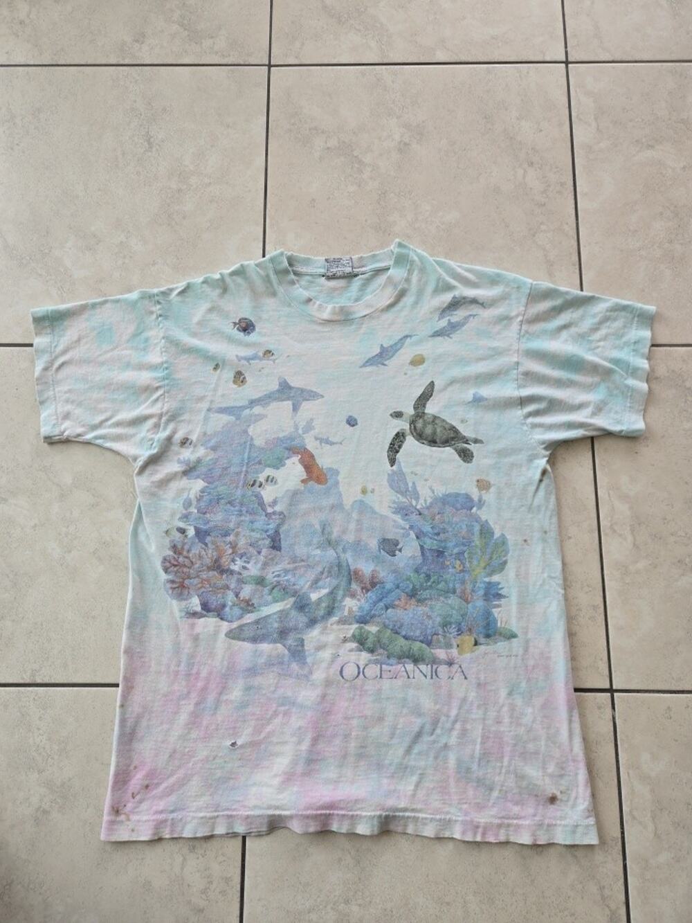 Vintage Liquid Blue T-Shirt XL Oceanica Animals AOP Single Stitch Distressed